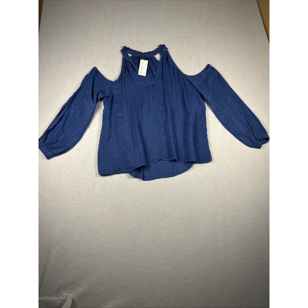 Maven West Blouse Women M Blue Cold Shoulder Halter Ruffle Cupro Top
